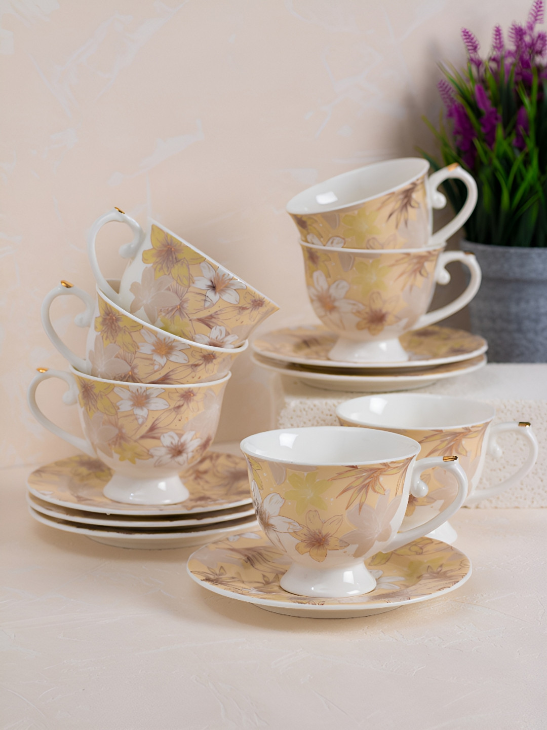 JCPL White Printed 12 Pieces Ceramic Cup & Saucer Set -180 ml each