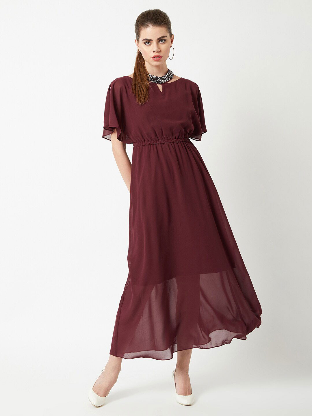 all about you Round Neck Flared Solid Embellished Choker Maxi Dress