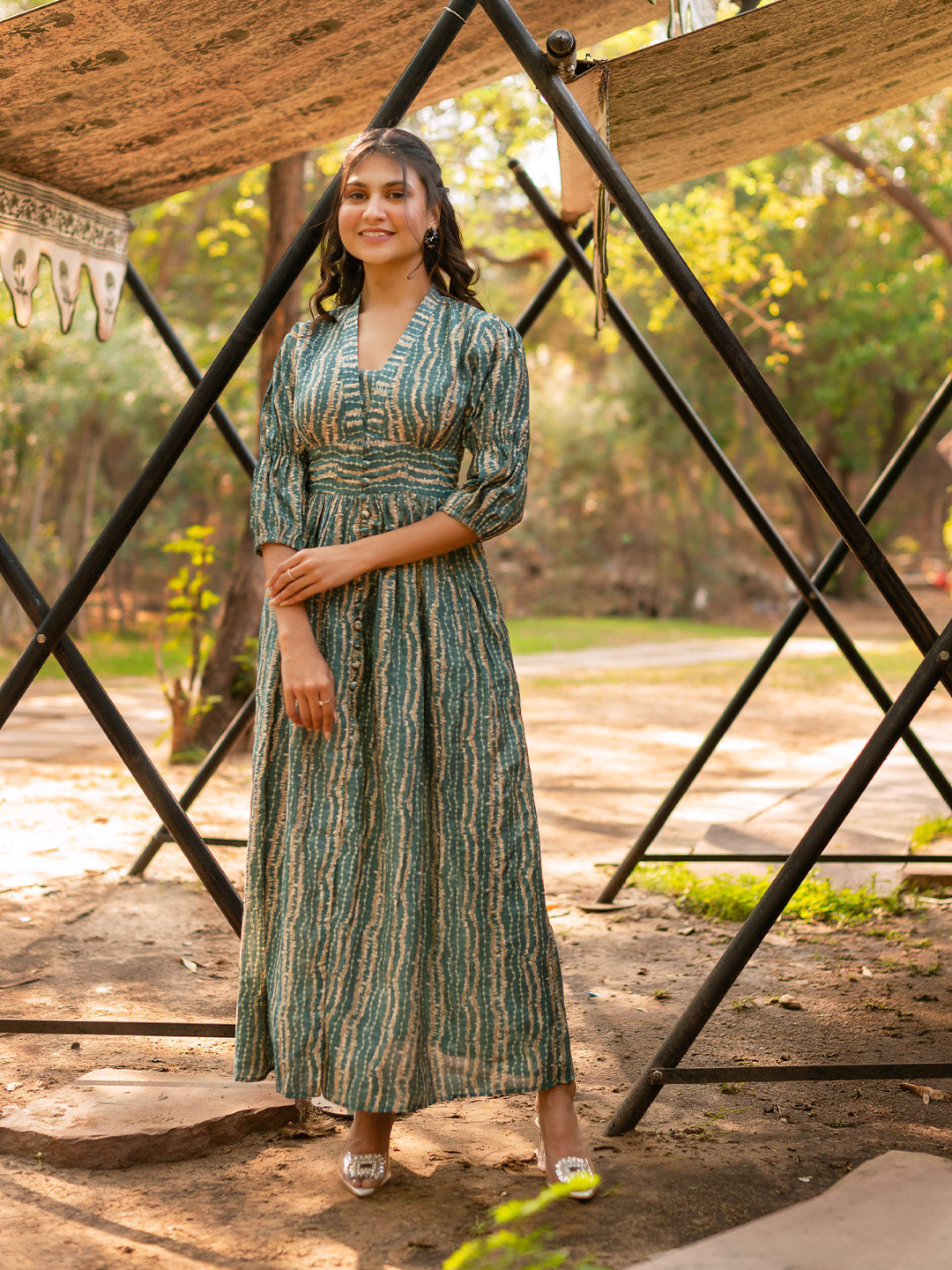 Calmna Abstract Printed Blouson Cotton Maxi Dress