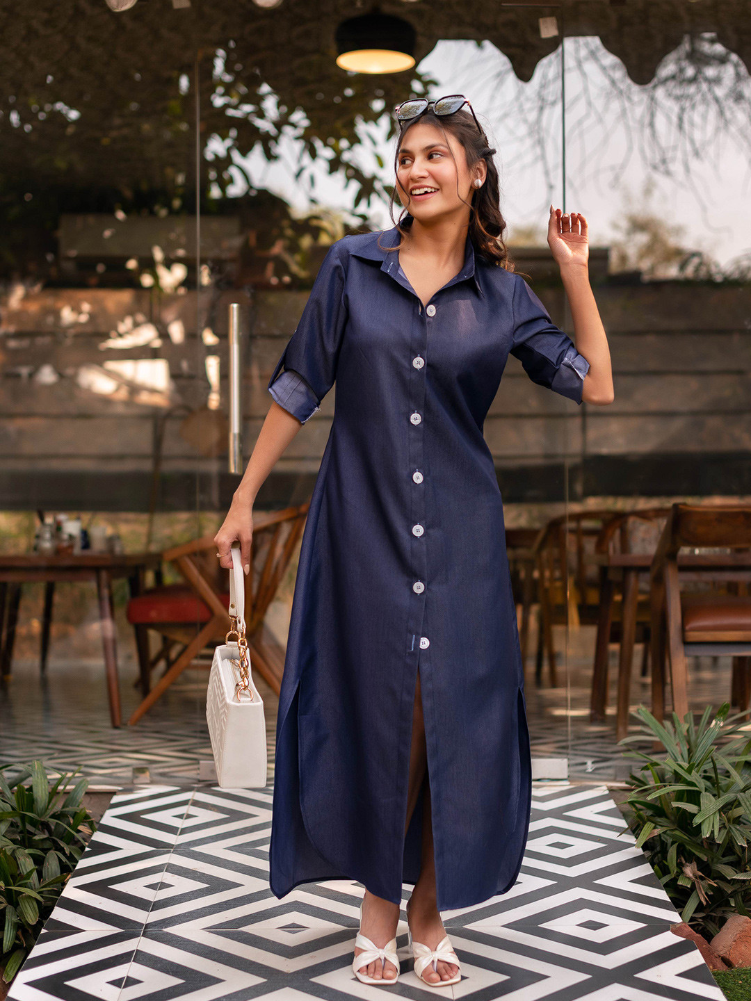 Calmna Denim Shirt Maxi Dress
