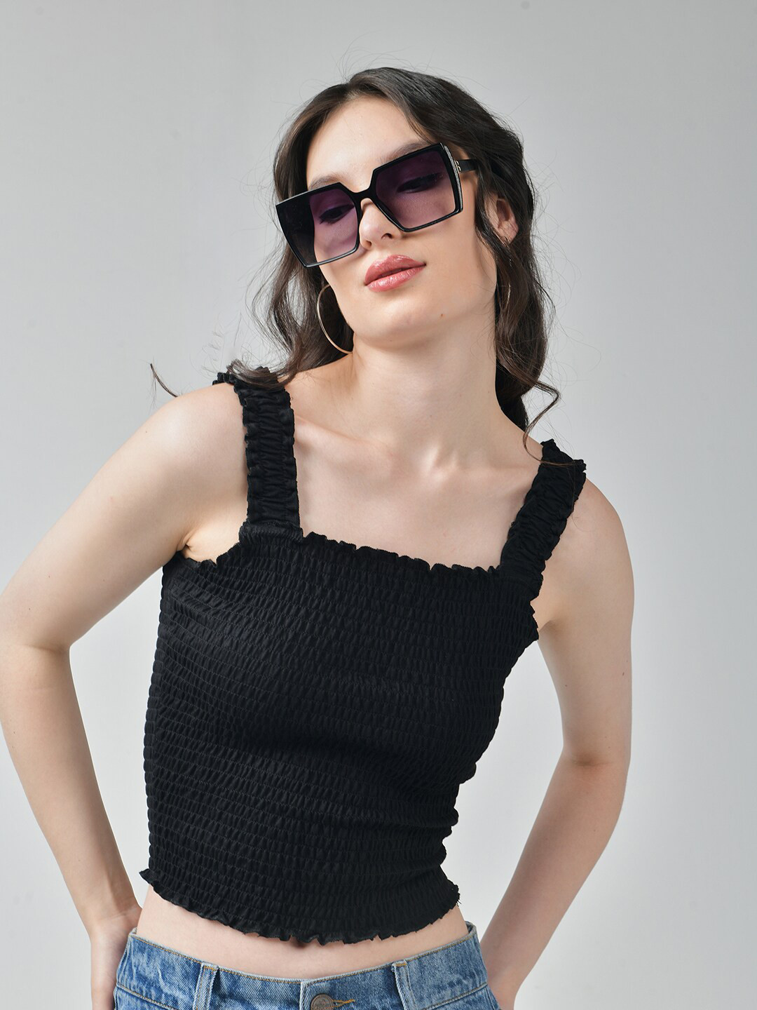 IZF Black Square Neck Smocked Crop Top