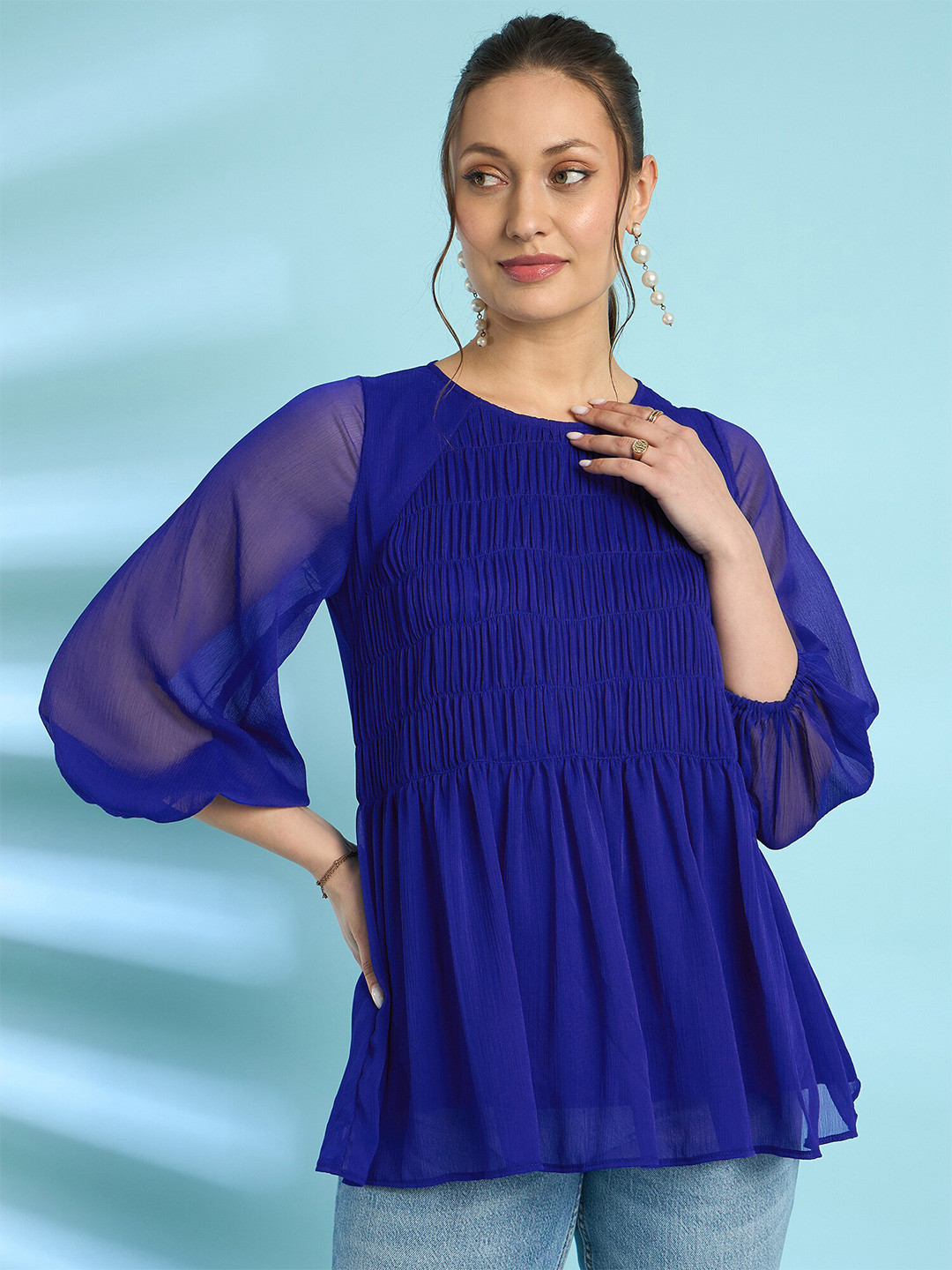 Antheaa Blue Puff Sleeves Smocked Detailed A-Line Top