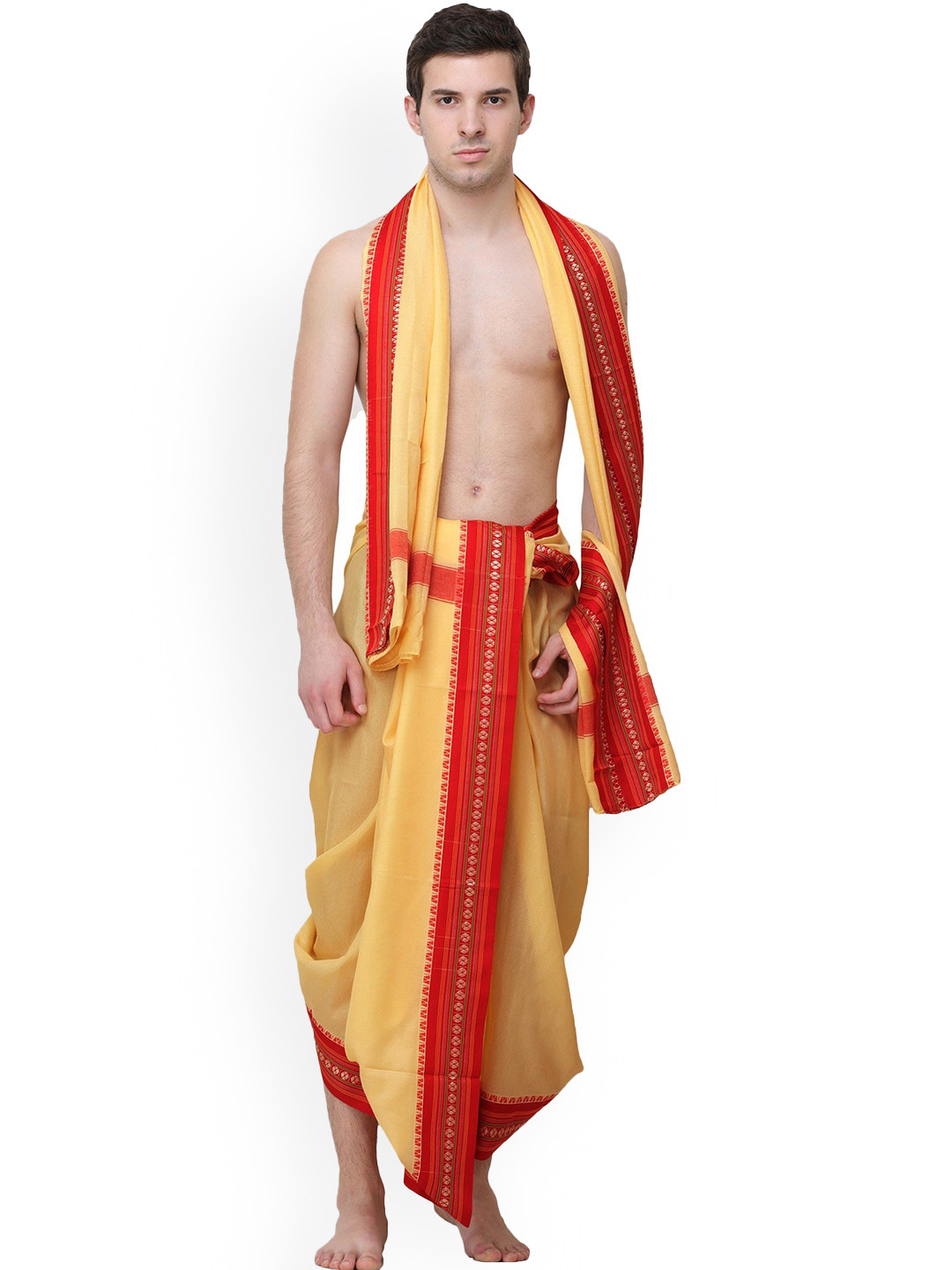 Exotic Viscose Snow White India Dhoti and Veshti Set with Temple Border