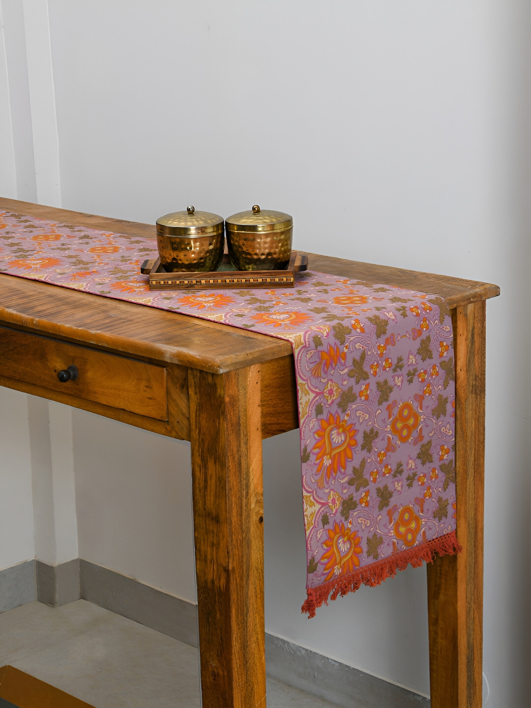 Ratan Cart Red & Purple Floral Printed Rectangle Cotton Rectangle Table Runner