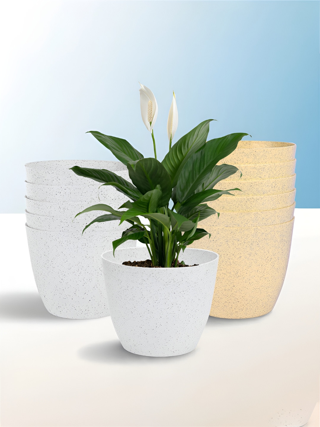 Kuber Industries Marble Cool White & Beige 12 Pieces Lightweight Planters