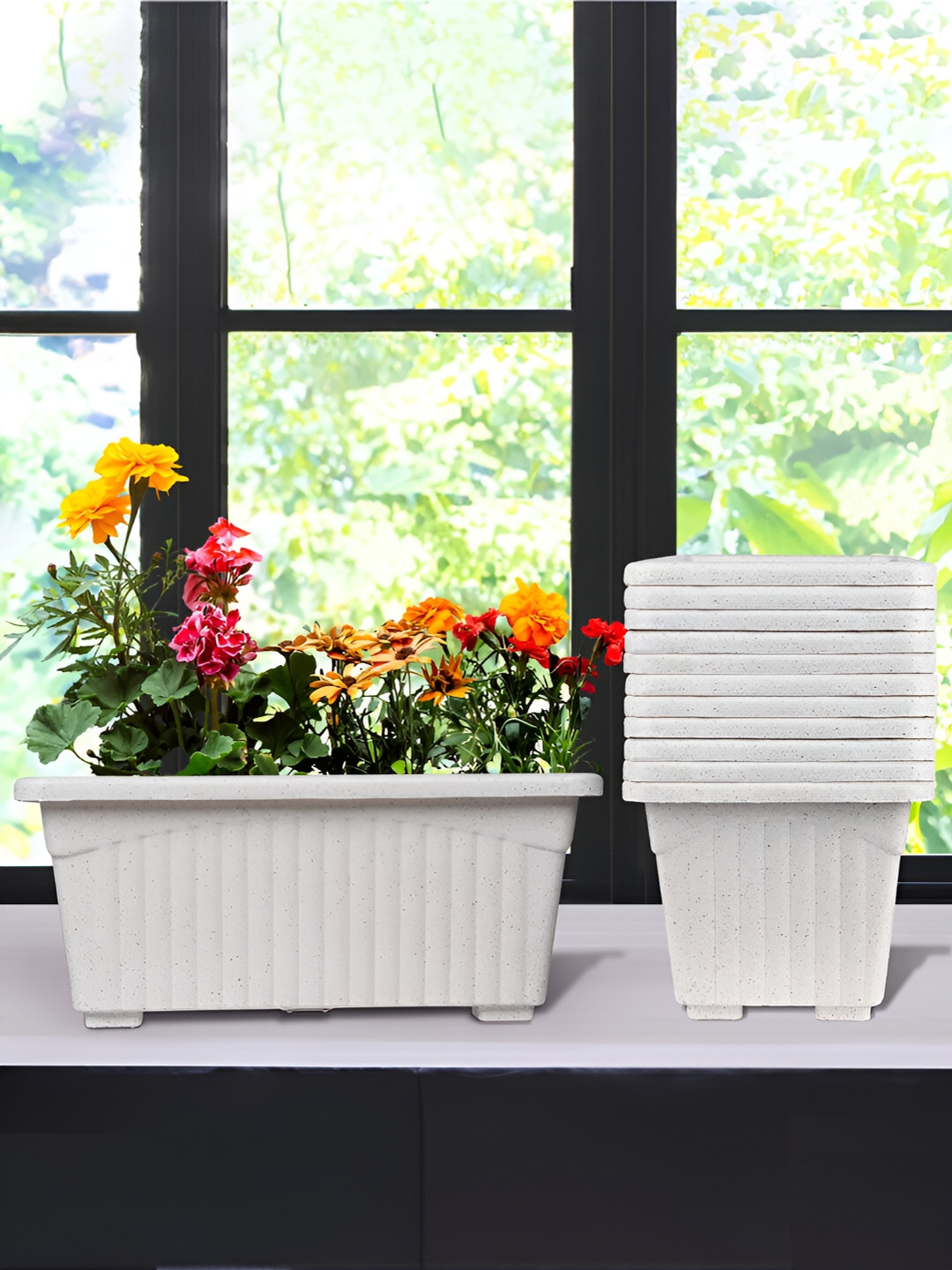 Kuber Industries Marble Jupitar White 12 Pieces UV-Protected Planters