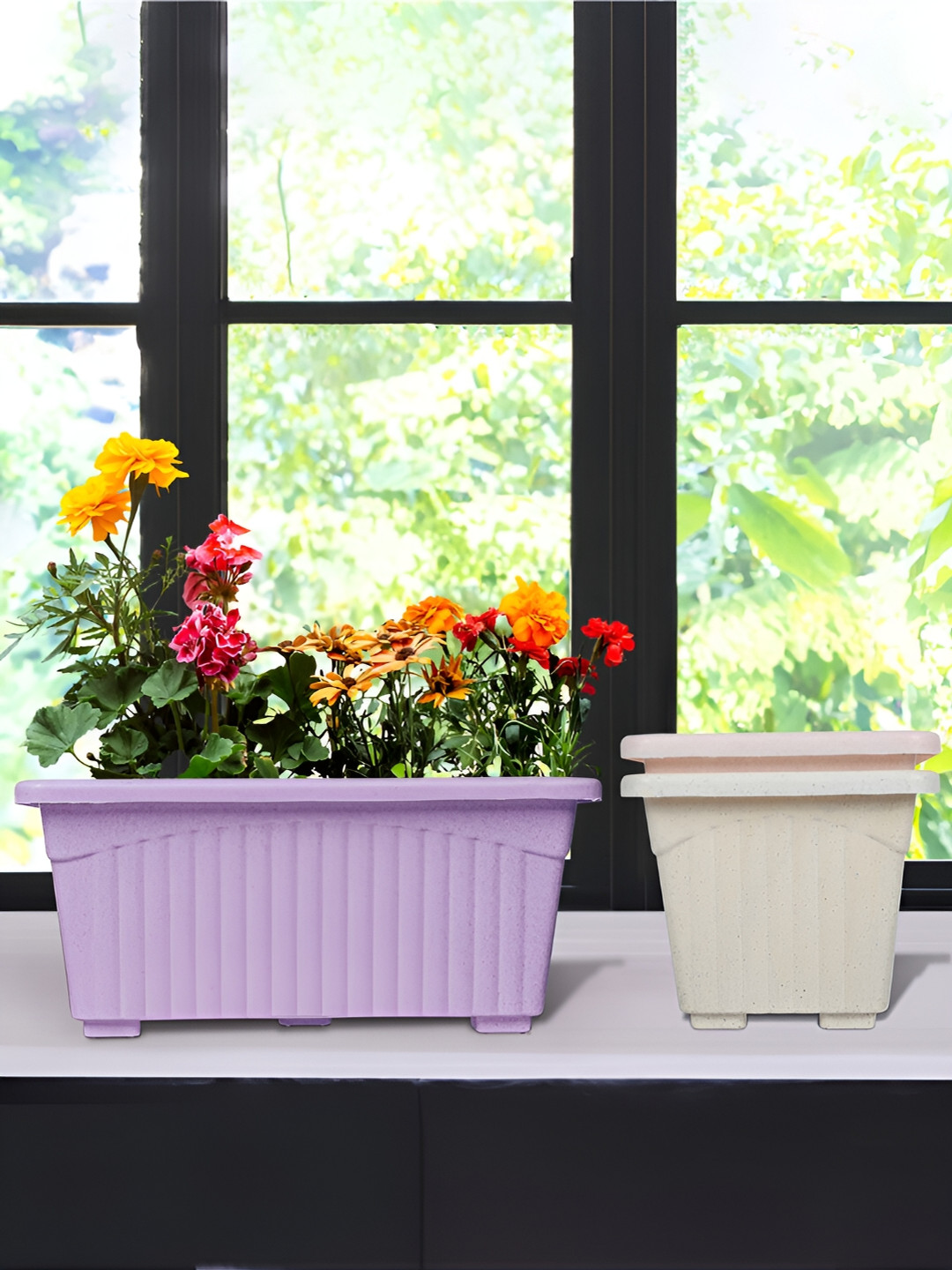 Kuber Industries Purple & White 3 Pieces Rectangle Textured Lightweight Planters