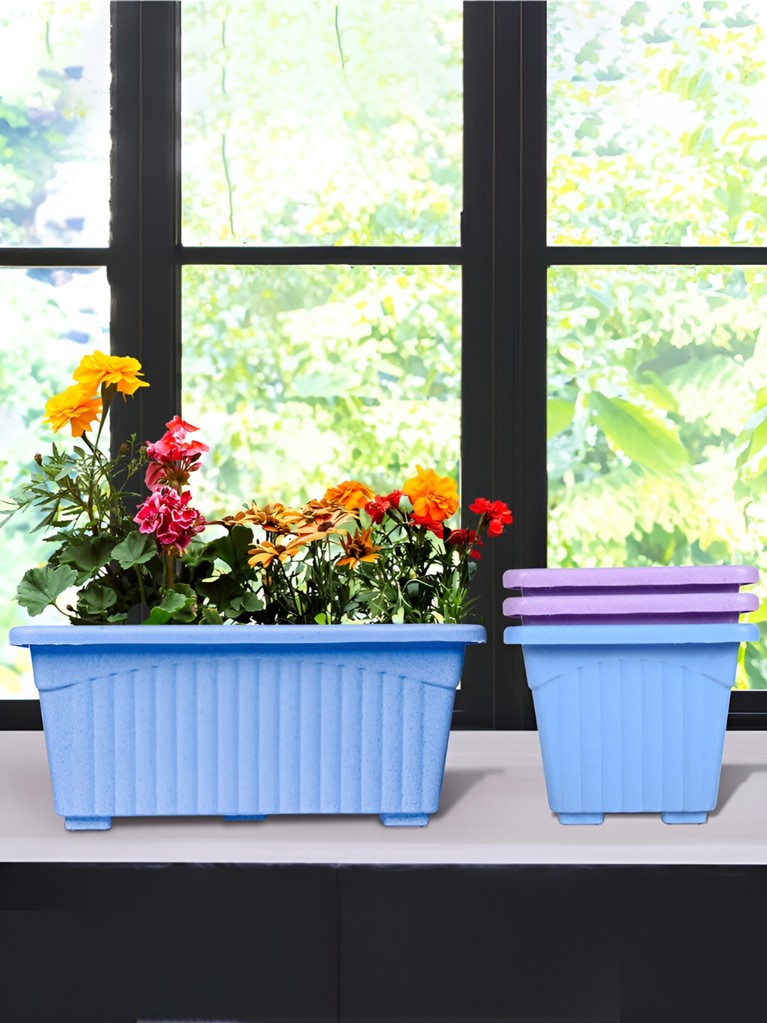 Kuber Industries Marble Jupitar Blue 4 Pieces Textured Lightweight Planters