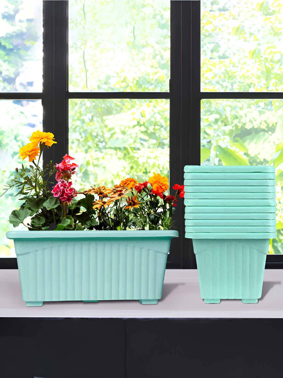 Kuber Industries Green 12 Pieces Textured Lightweight Marble Juiptar Planters