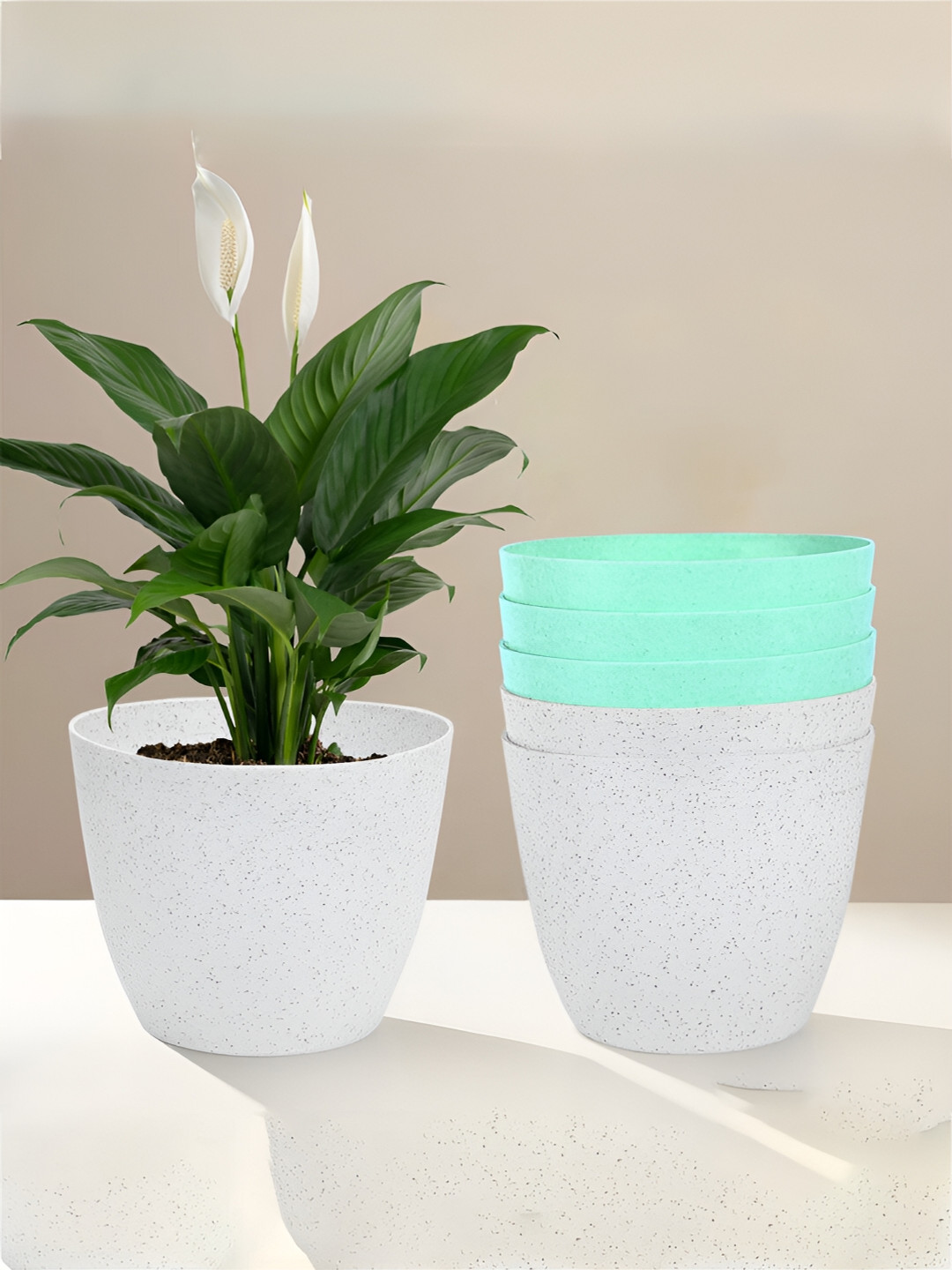 Kuber Industries White & Green 6 Pieces Marble Finish Planters