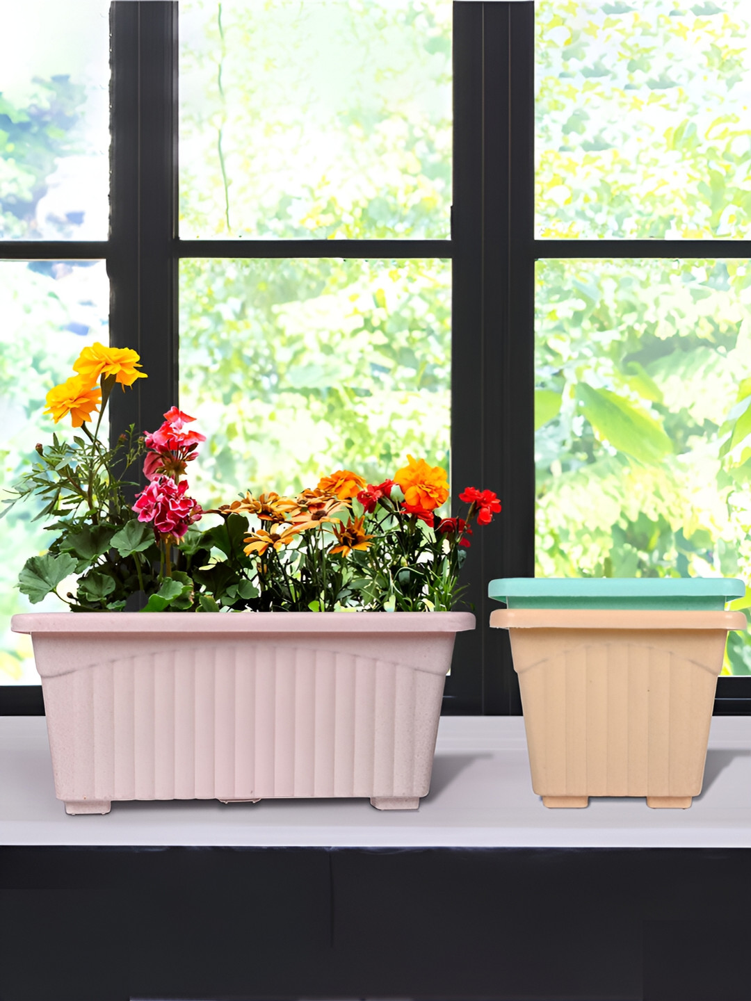 Kuber Industries Marble Jupitar Pink & Peach 3 Pieces Textured UV-Protected Planters