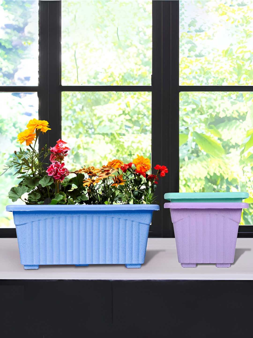 Kuber Industries Marble Jupitar Blue & Green 3 Pieces Textured Lightweight Planters