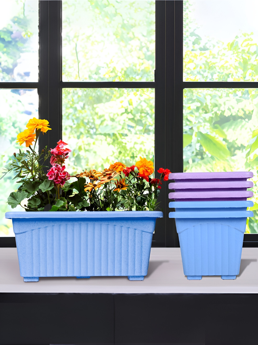 Kuber Industries Blue & Purple 6 Pieces Textured Marble Finish Planters