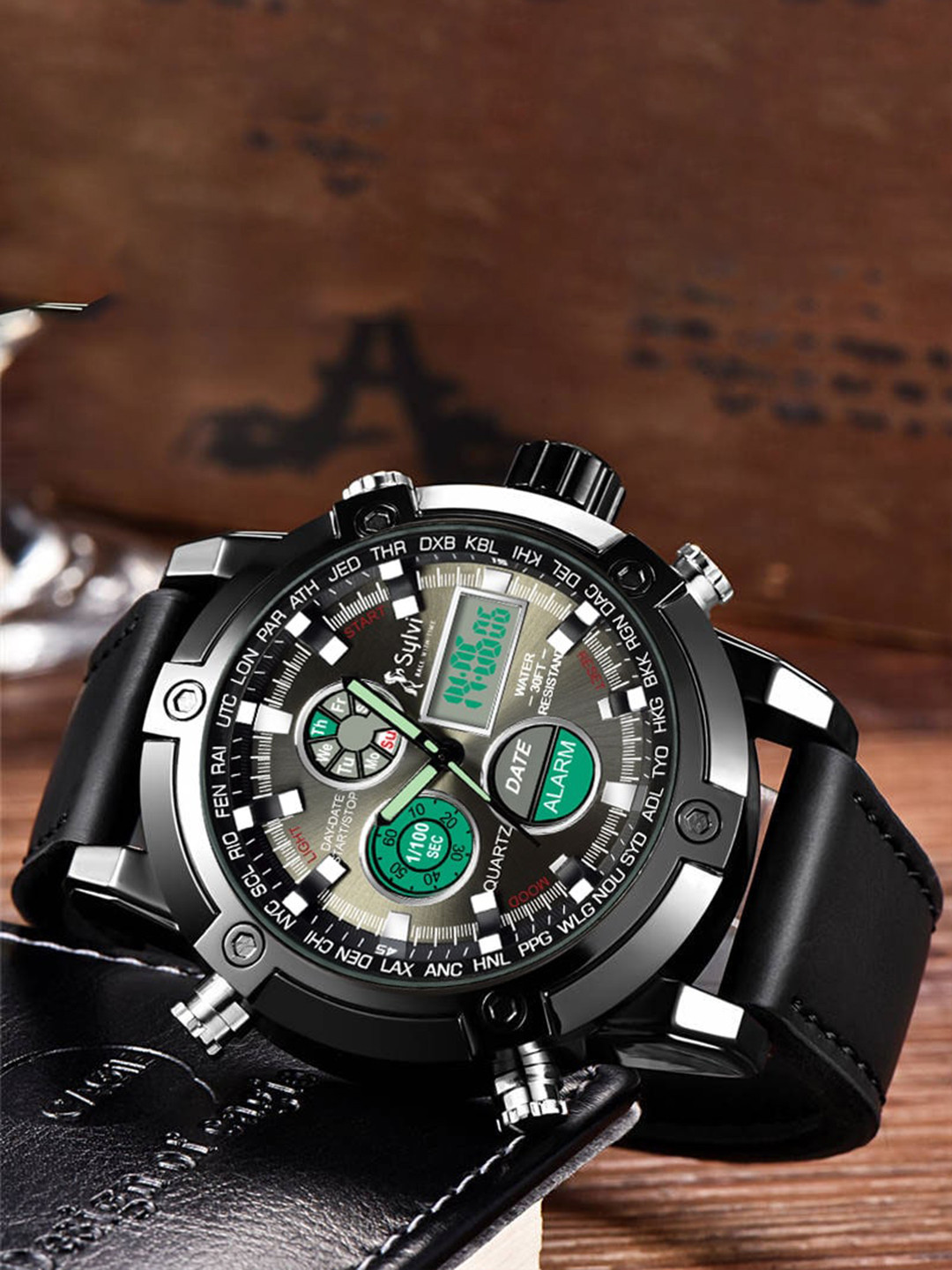 Sylvi Iconic Men Patterned Leather Straps Analogue and Digital Watch VL-3022-Black1