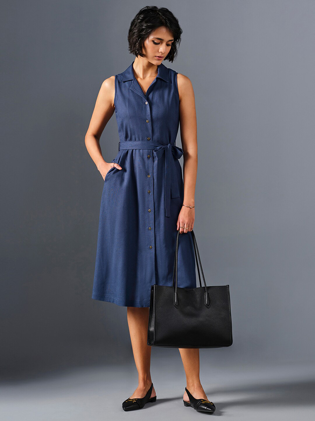 AND Shirt Collar Sleeveless Shirt Dress