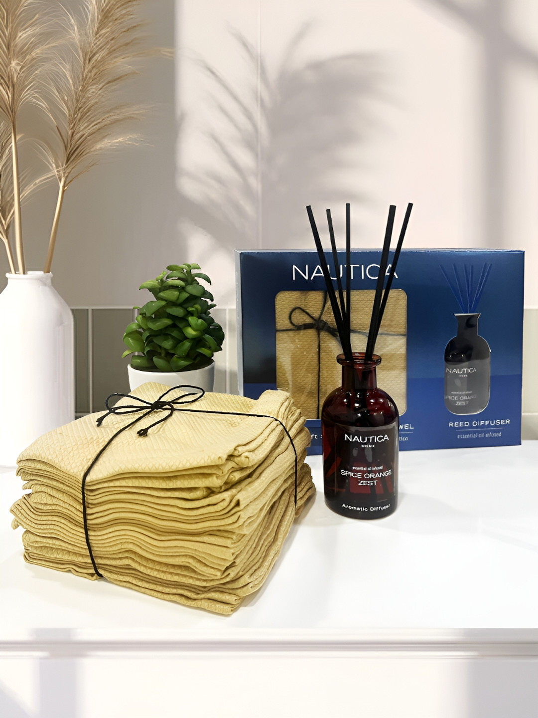 Nautica 15-Pcs Beige 240 GSM Bamboo Face Towels & Reed Diffuser