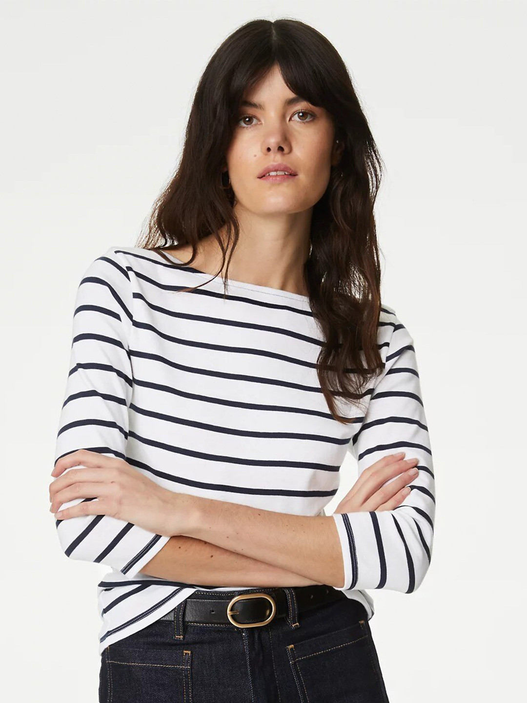 Marks & Spencer Horizontal Striped Boat Neck Pure Cotton Slim Fit Top