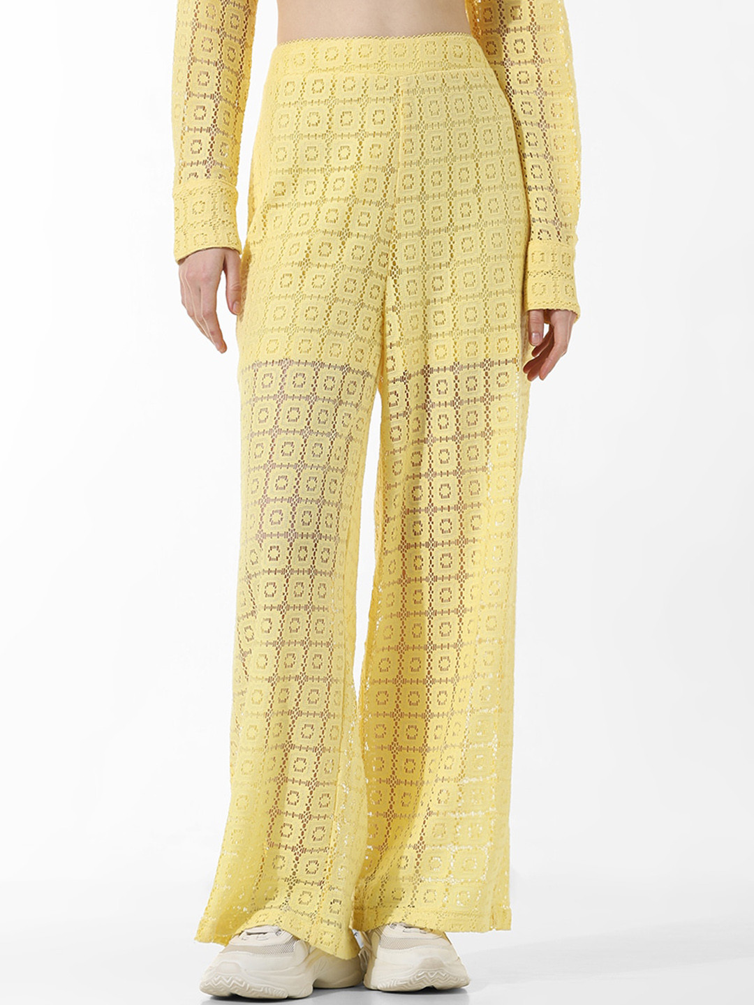 ONLY Onl Uexnano Women Self Design High-Rise Pleated Parallel Trouser