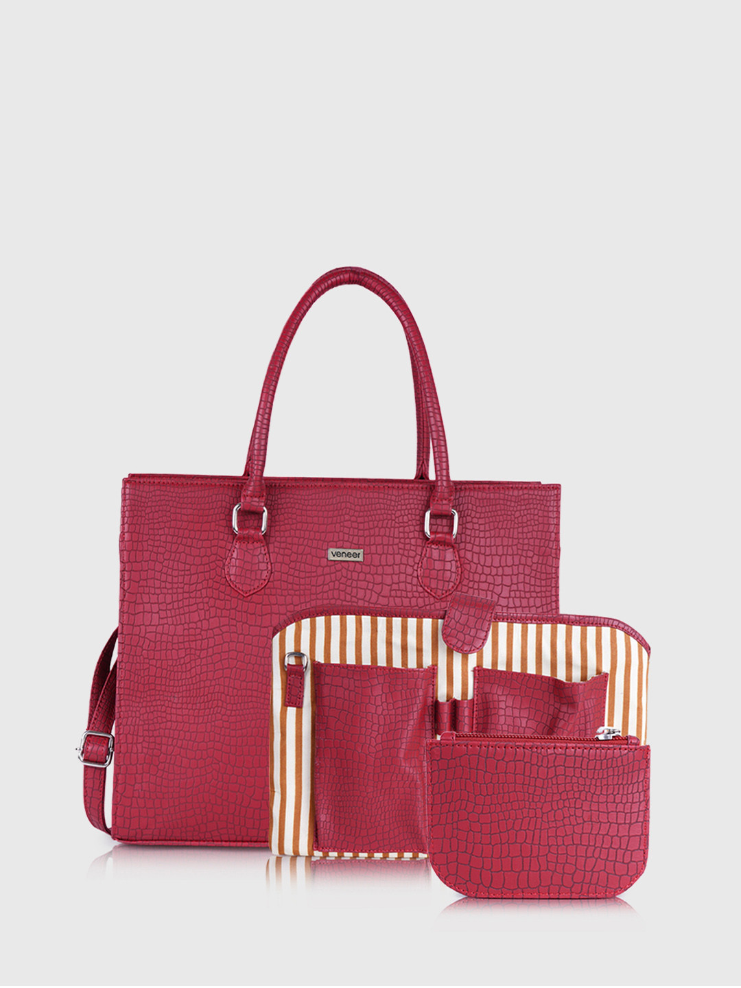 Veneer Textured Structured Tote Bag With Detachable Laptop Sleeve And Wallet