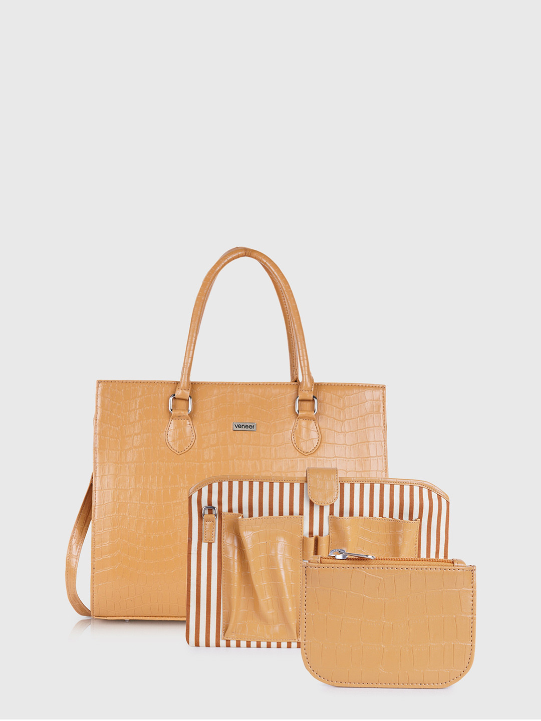 Veneer Textured Structured Tote Bag With Detachable Laptop Sleeve And Wallet