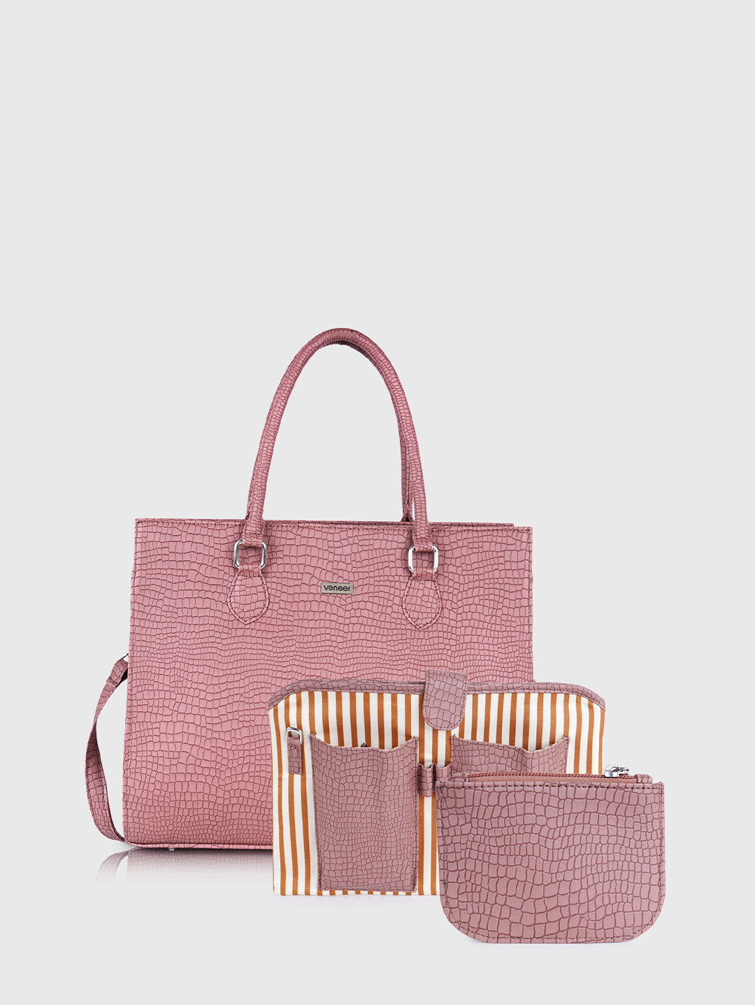 Veneer Textured Structured Tote Bag with Detachable Laptop Sleeve & Wallet