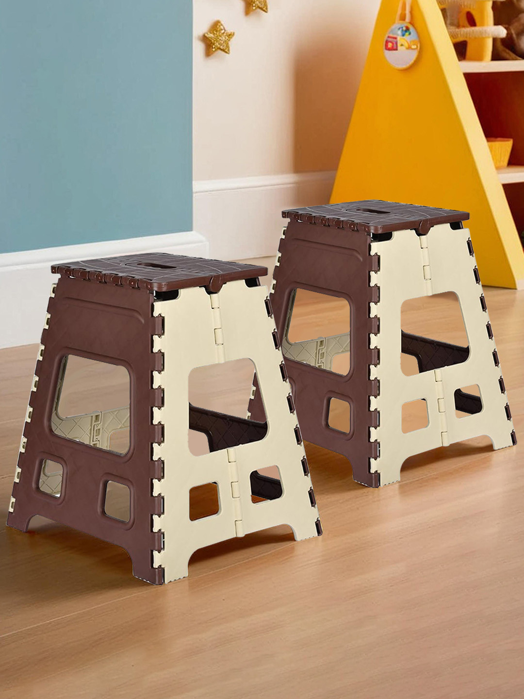 Kuber Industries Cream-Coloured & Brown 2 Pieces Plastic Step Stool