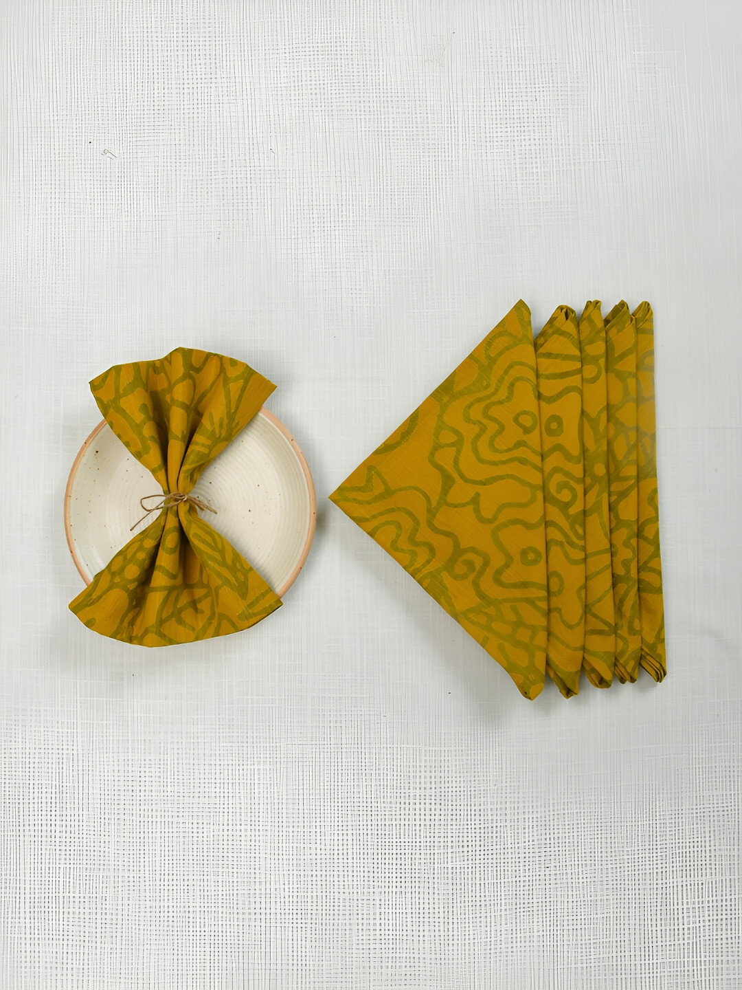 Ratan Cart Yellow & Green 6 Pieces Printed Cotton Table Napkins