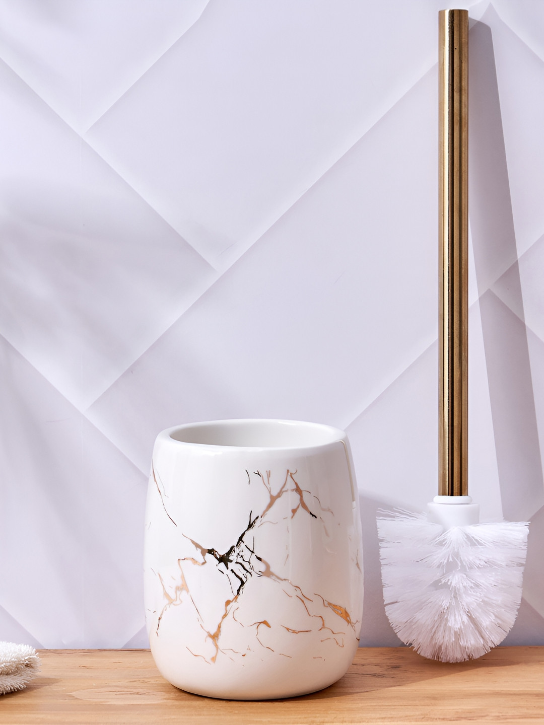 Home Centre White & Gold-Toned Abstract Ceramic Toilet Brush Holder