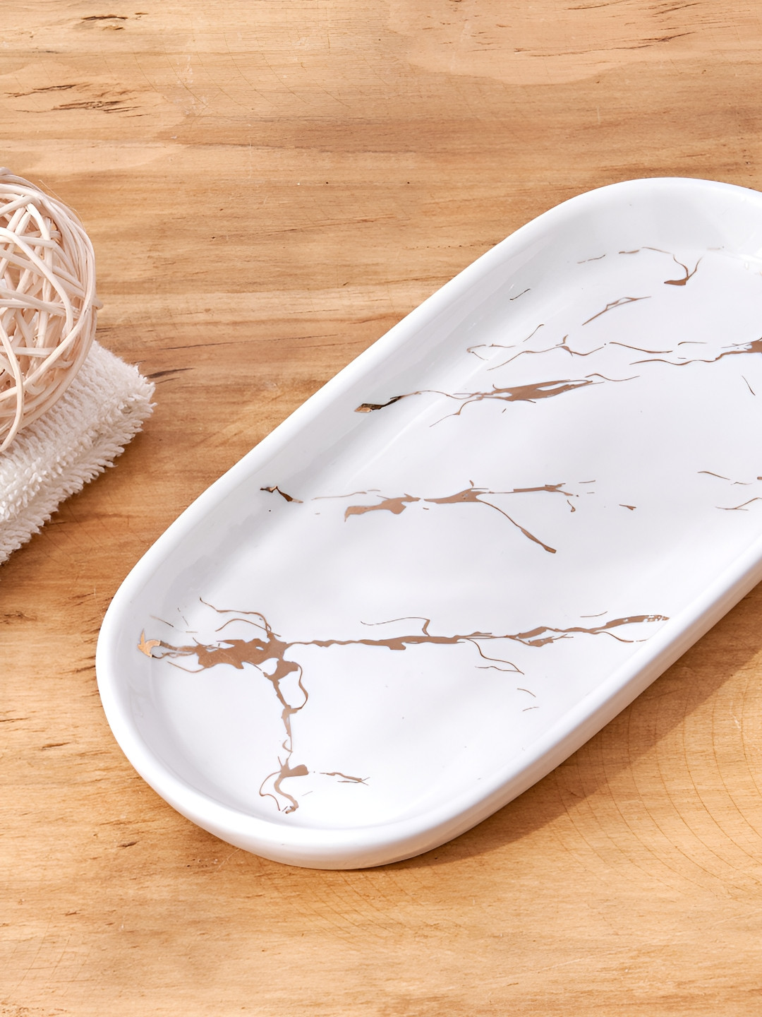 Home Centre White & Gold Toned  Abstract Ceramic Bath Organiser