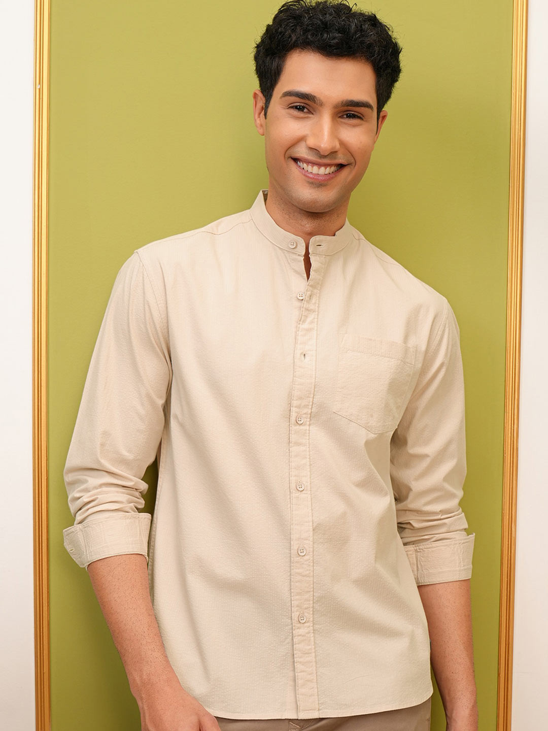 LOCOMOTIVE Premium Cream Seersucker Mandarin Collar Relaxed Shirt