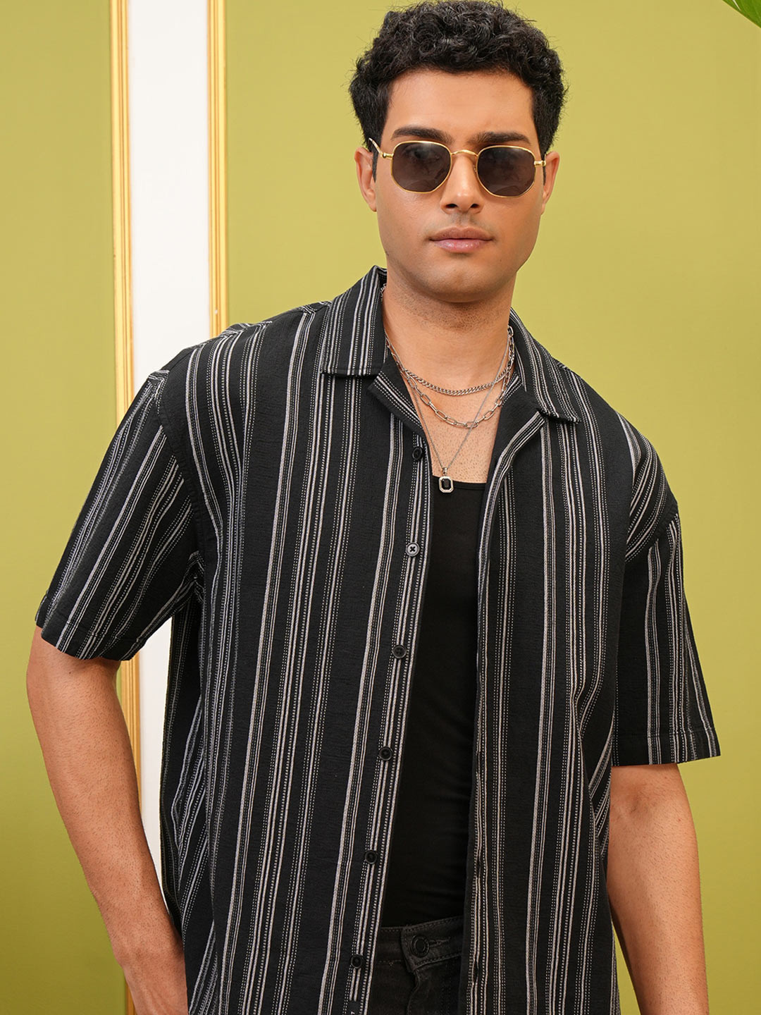LOCOMOTIVE Premium Black Dobby Textured Cuban Collar Oversized Shirt
