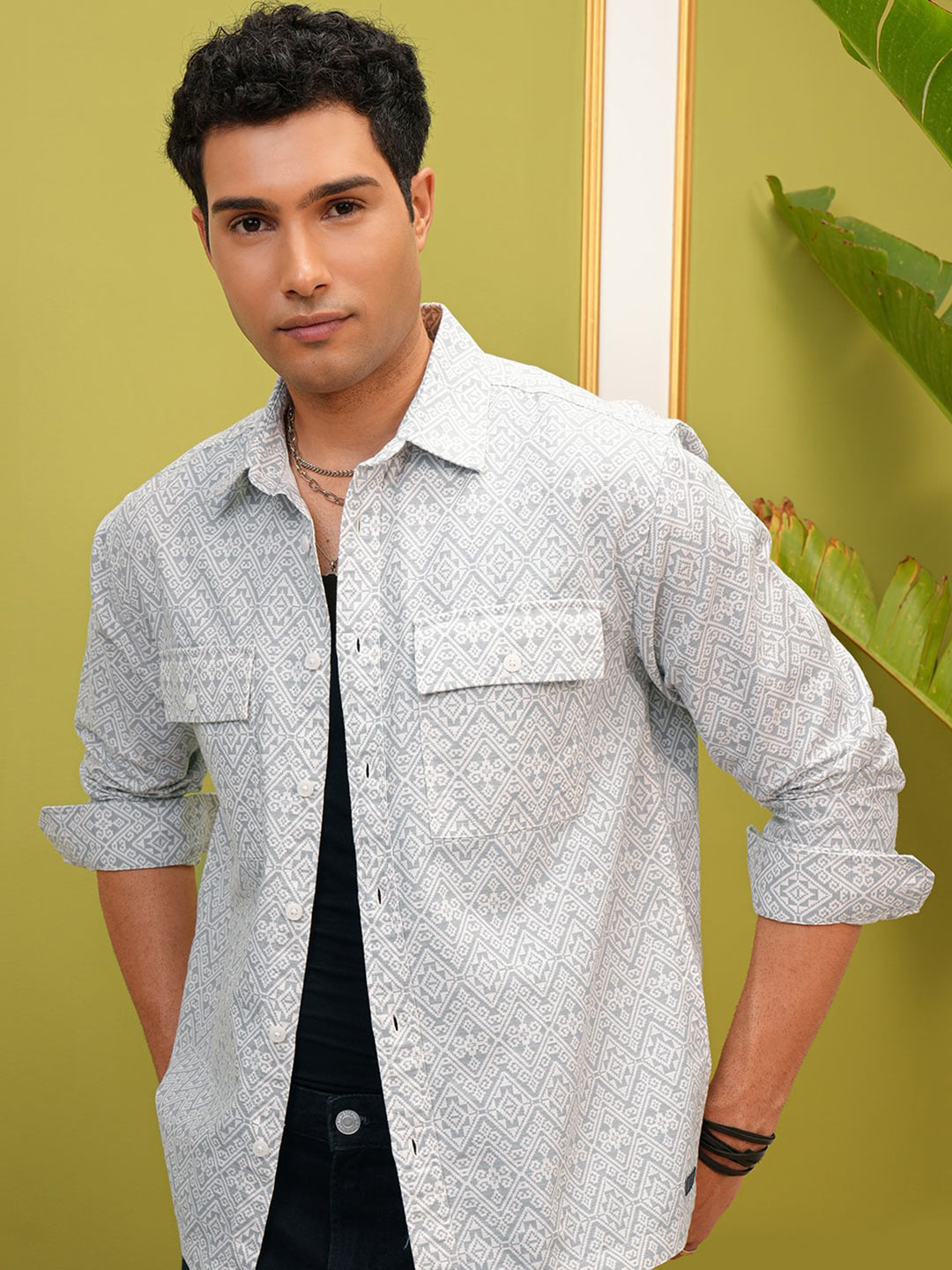 LOCOMOTIVE Premium Men Grey Dobby Textured Printed Utility Pocket Oversized Overshirt