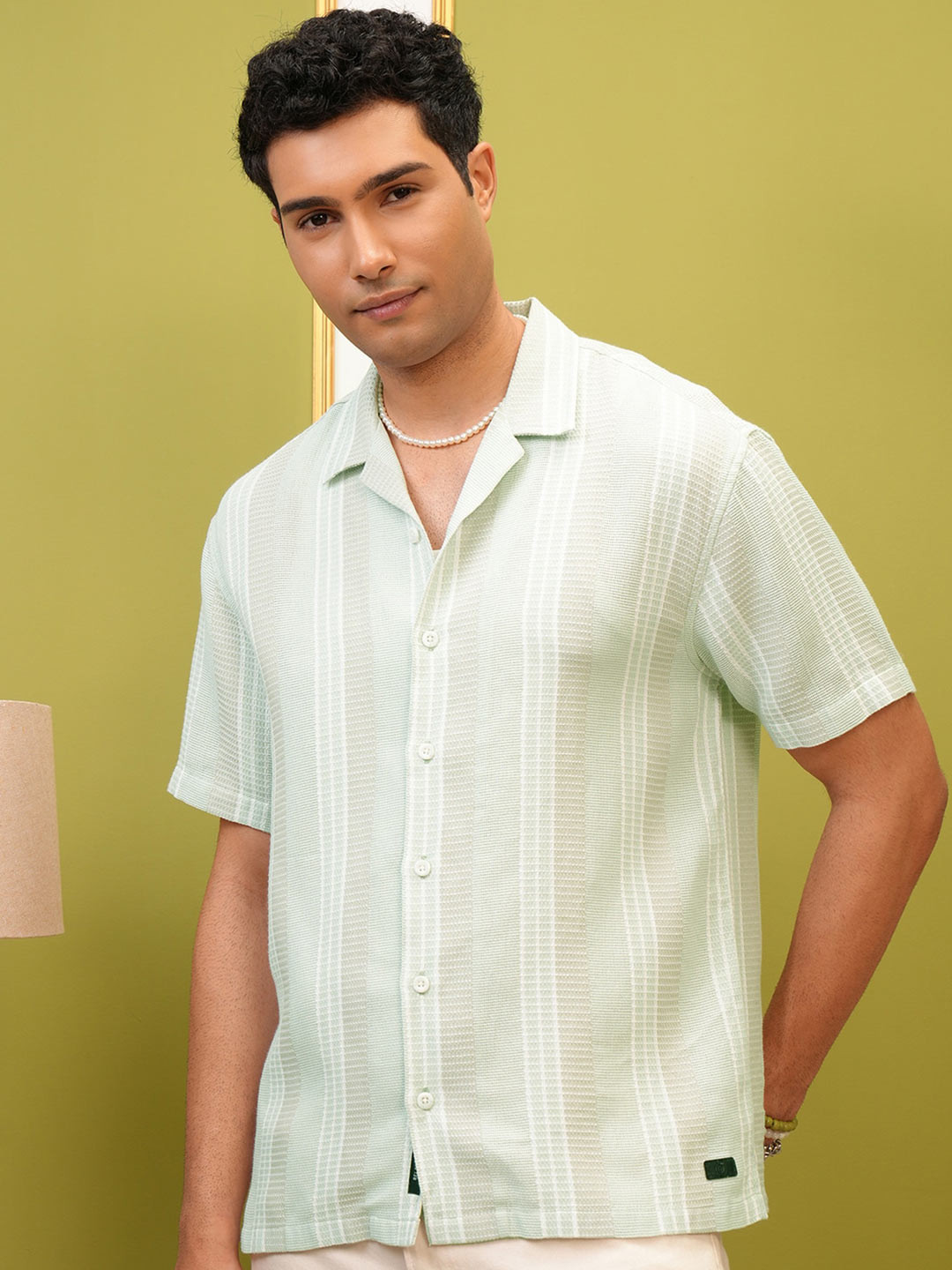 LOCOMOTIVE Premium Light Green Dobby Textured Striped Cuban Collar Relaxed Shirt