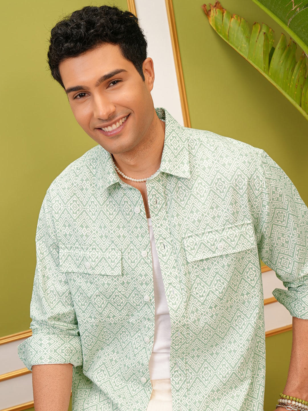 LOCOMOTIVE Premium Green Dobby Textured Floral Printed Utility Pocket Oversized Overshirt