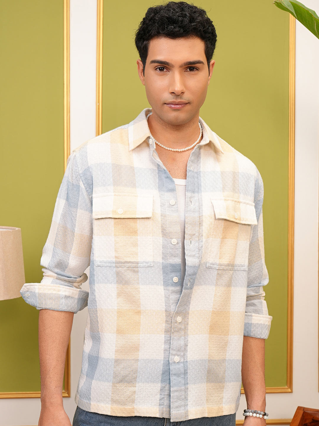 LOCOMOTIVE Premium Light Yellow Dobby Textured Checked Utility Pocket Oversized Overshirt