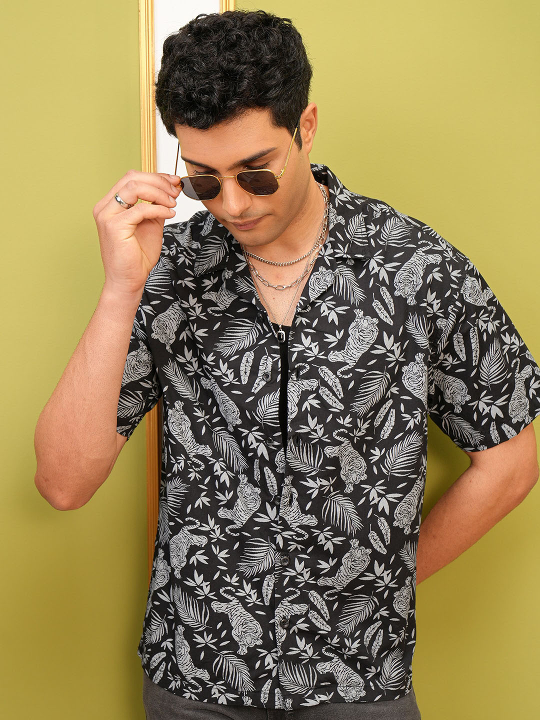 LOCOMOTIVE Premium Black Floral Printed Cuban Collar Oversized Shirt