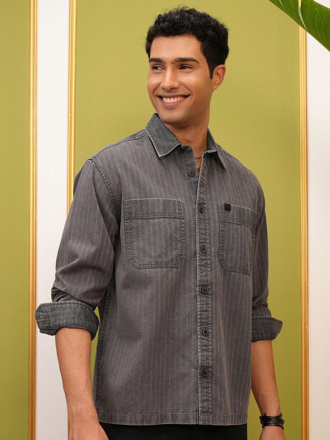 LOCOMOTIVE Premium Grey Washed Textured Utility Pocket Oversized Overshirt