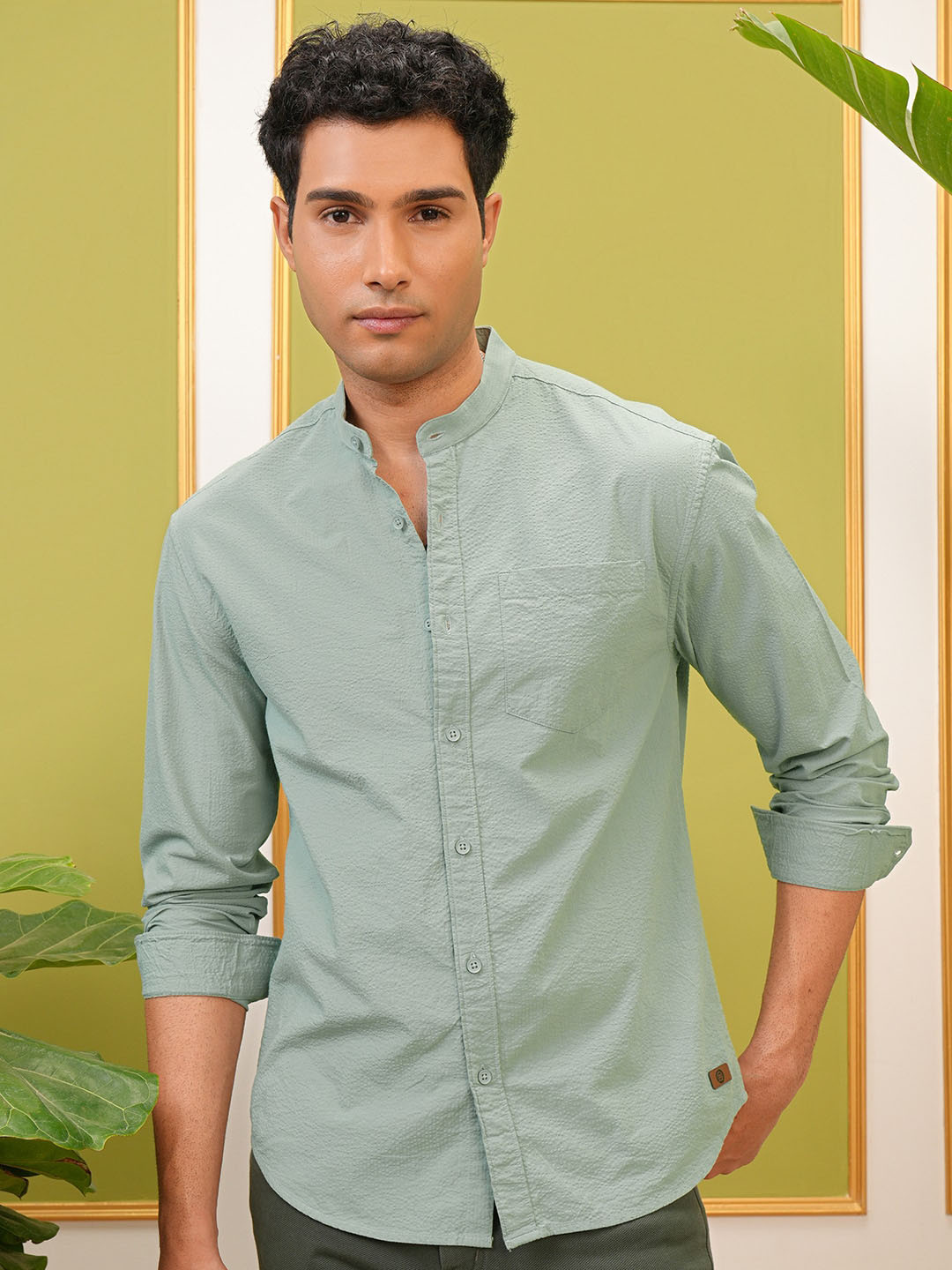LOCOMOTIVE Premium Green Solid Seersucker Mandarin Collar Relaxed Shirt