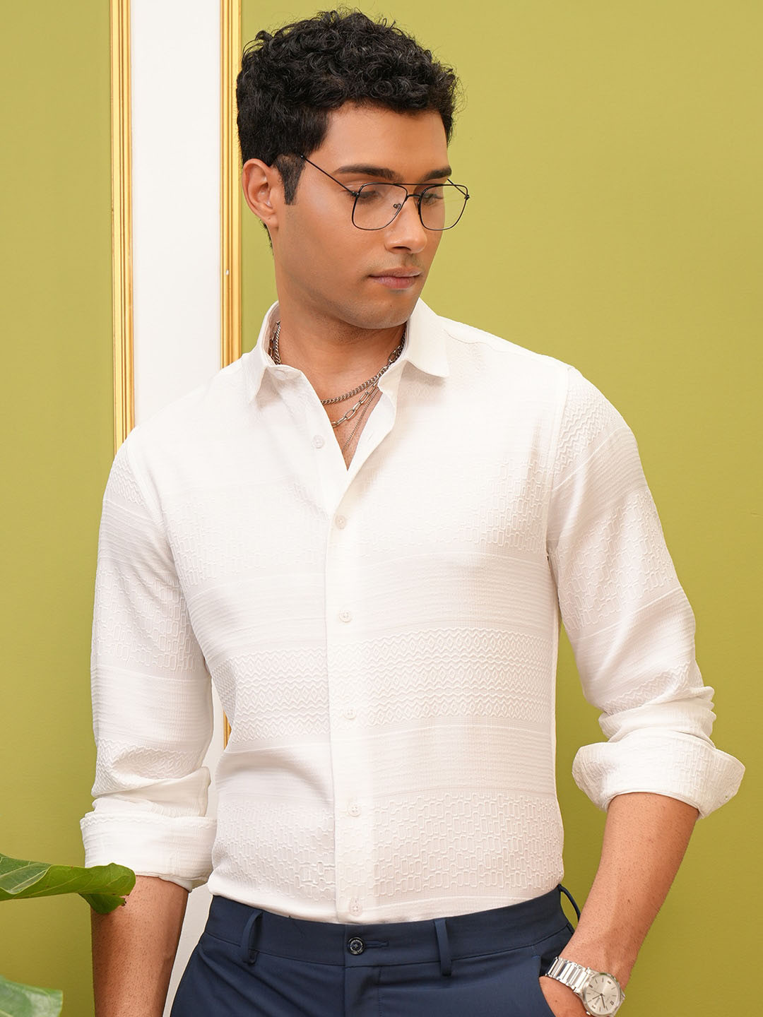 LOCOMOTIVE Luxe White Popcorn Textured Party Evening Shirt