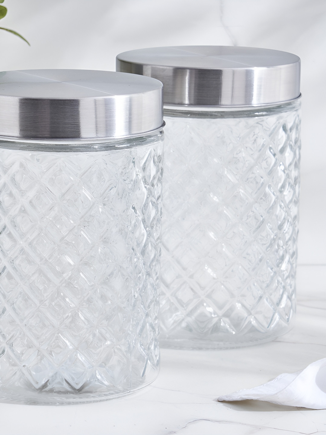 Home Centre Louvre Arcade Transparent Textured Glass Storage Jar 1L