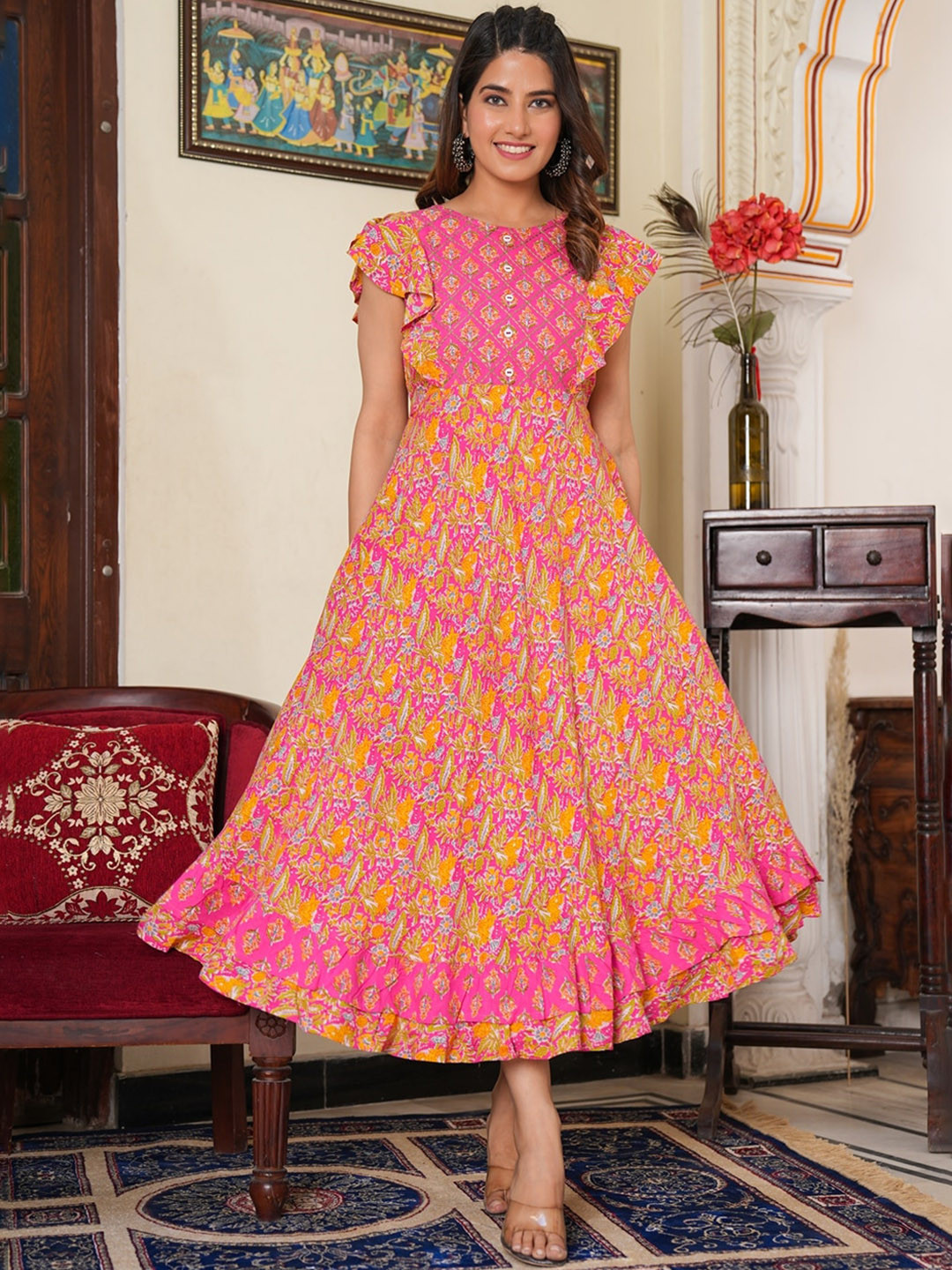 KALINI Floral Printed Flutter Sleeves Thread Work Anarkali Kurta