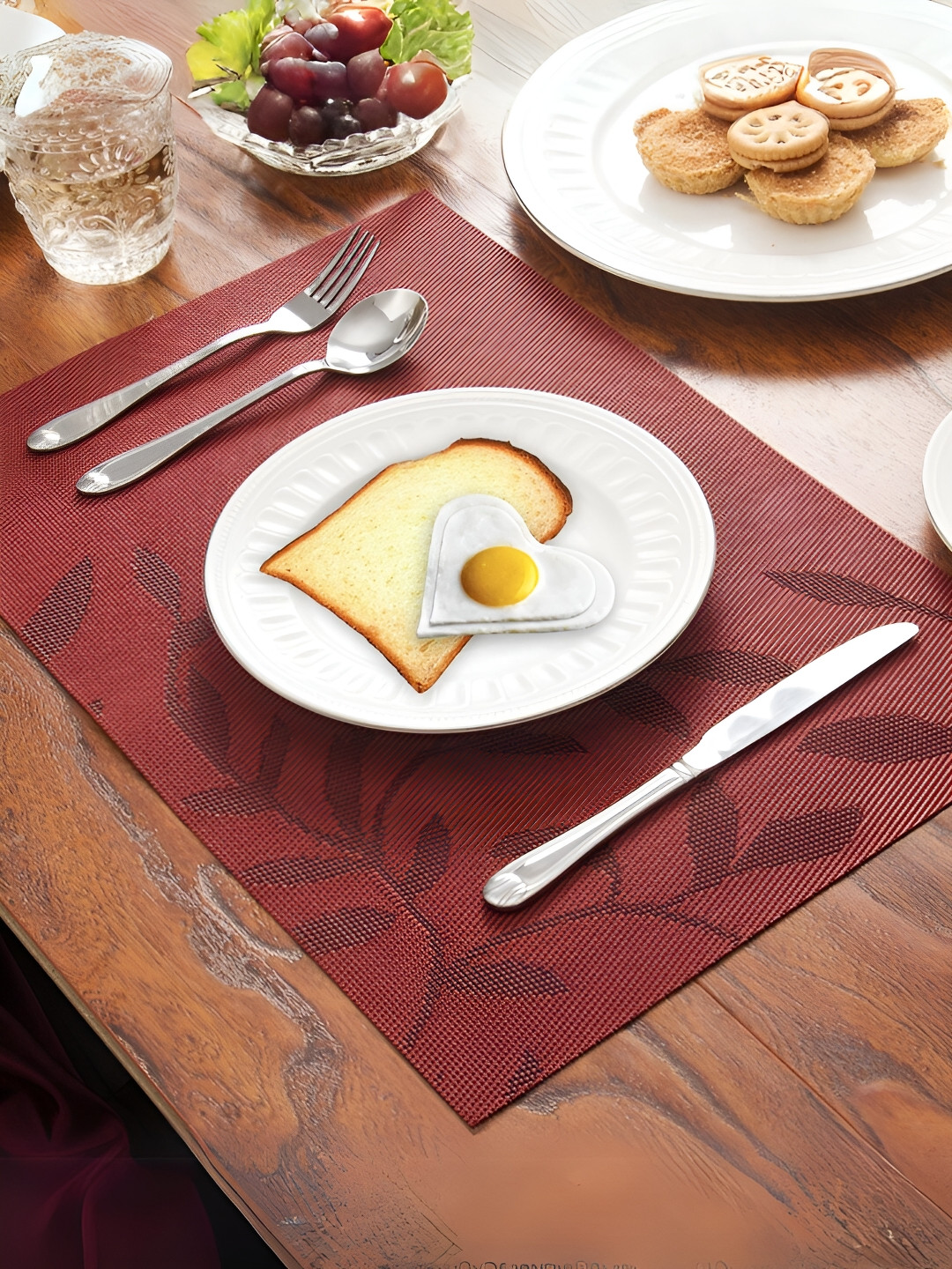 UniKart Maroon 8 Pieces Floral Printed Waterproof Rectangle Table Placemats