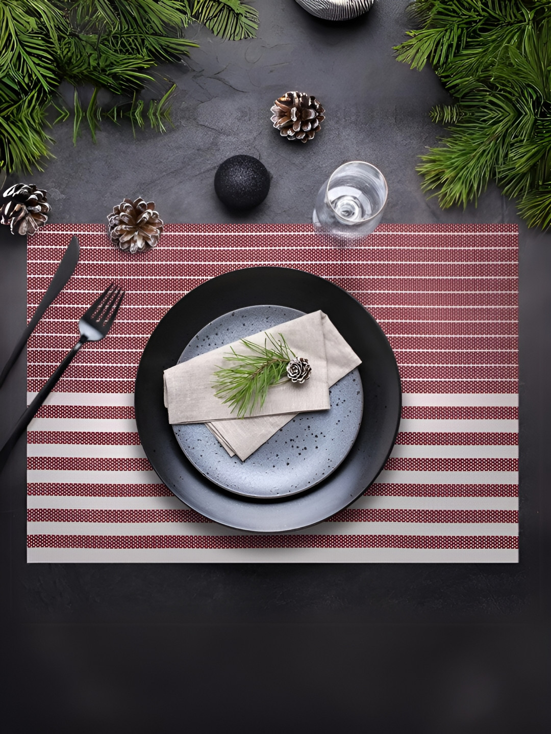 UniKart Maroon & White 8 Pieces Striped Waterproof Rectangle Table Placemats