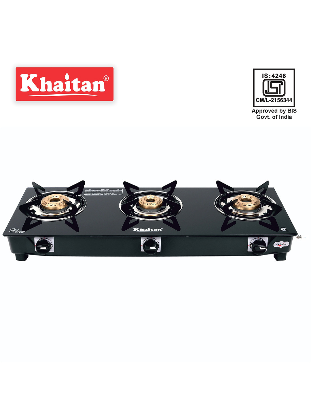 Khaitan Black Glass 3 Burner LPG Gas Stove