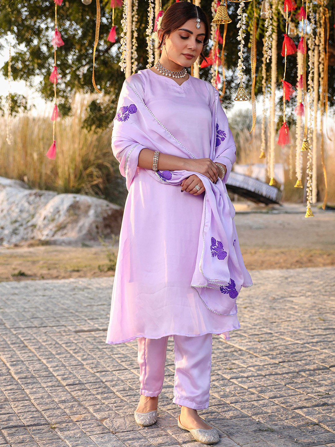 Thread & Button Straight Satin Kurta A-Line with Trousers & Dupatta