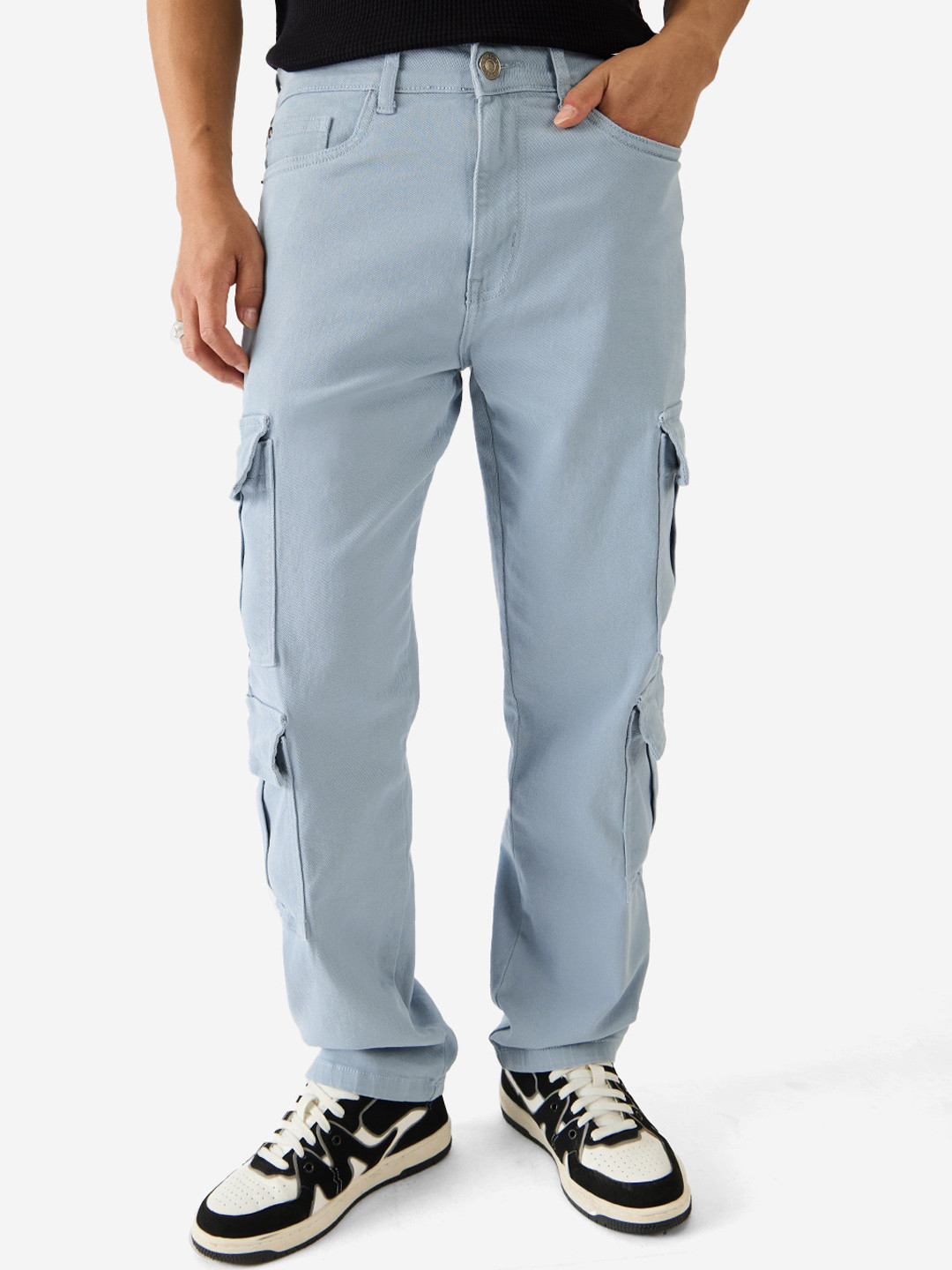 The Souled Store Men Blue Solids Dusty Bowl Straight Fit Stretchable Cargo Jeans