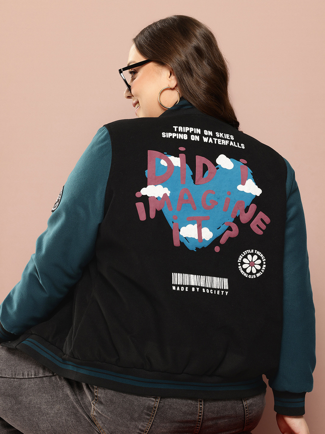 Sztori Plus Size Patchwork Detailed Stand Collar Bomber Jacket