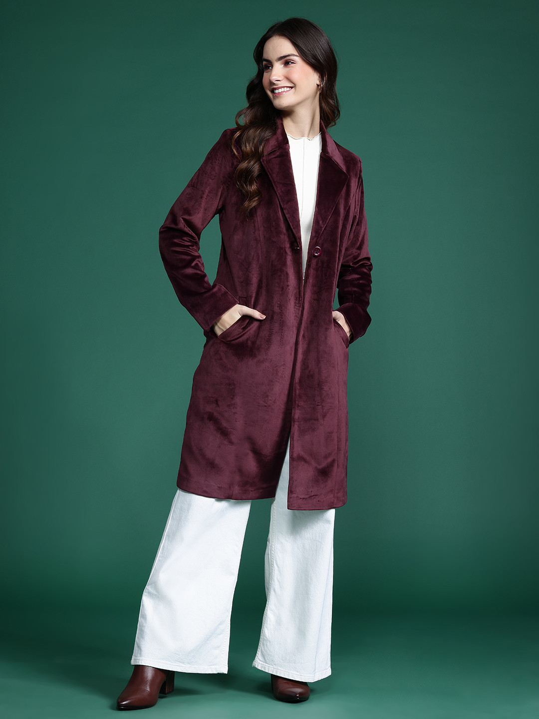 DressBerry Velvet Finish Single-Breasted Longline Overcoat
