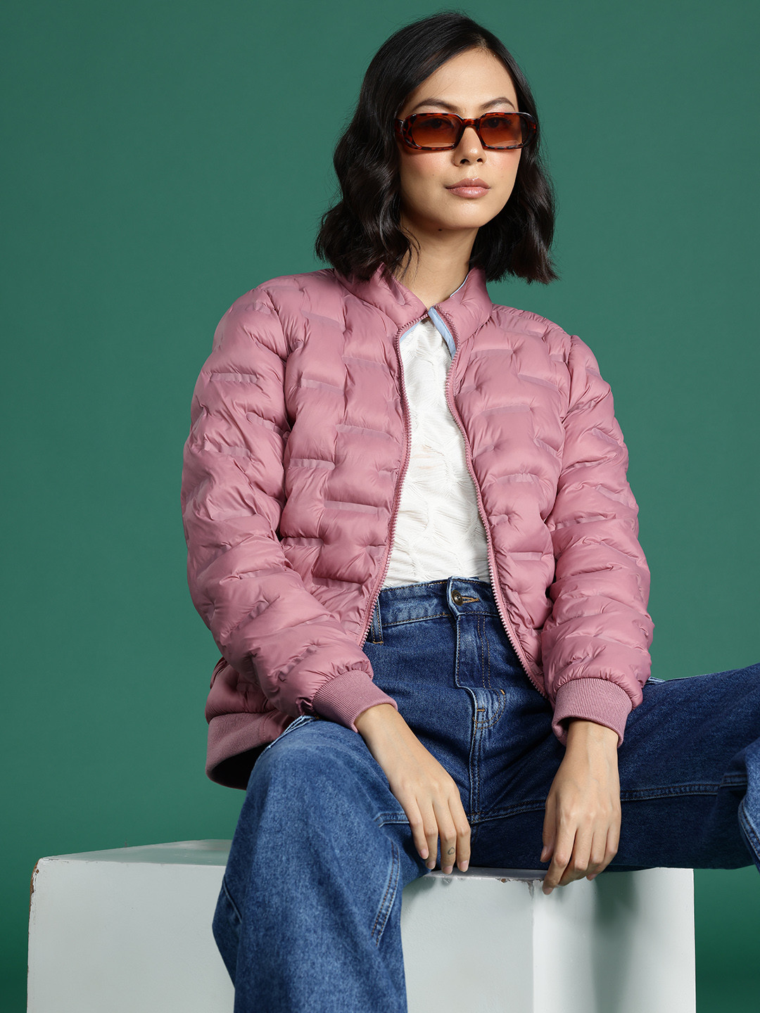 DressBerry Solid Embossed Mock Collar Puffer Jacket