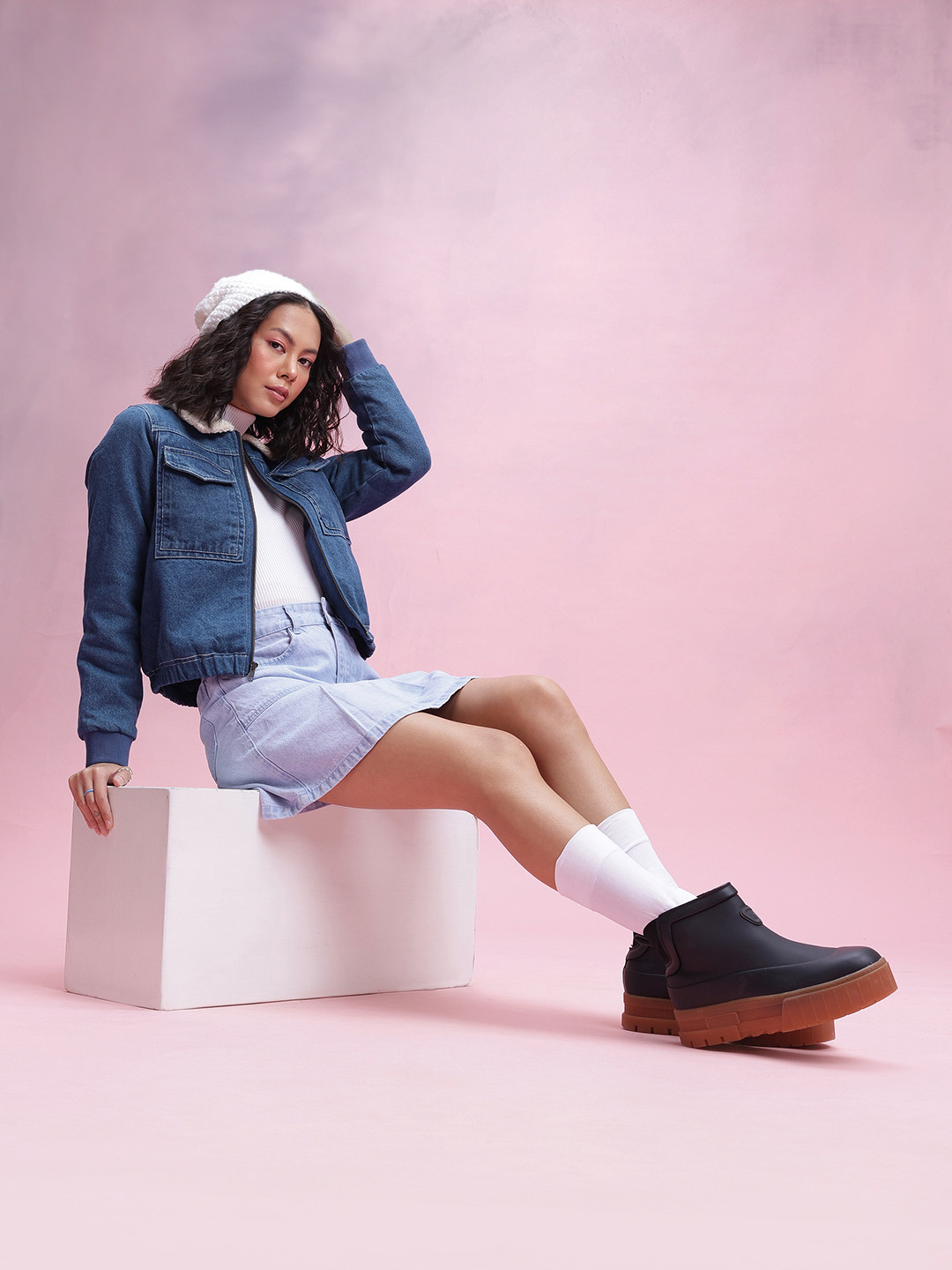 DressBerry Women Sherpa Trim Pure Cotton Denim Jacket